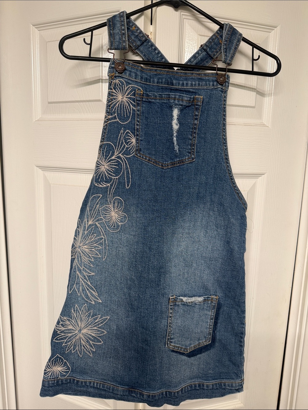 Lucky Brand Blue Denim Embroidered Flower Overall Dress